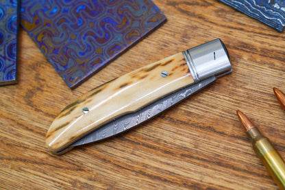 6 Swift Mammoth Tusk Fancy Legal Steel Frame Damascus Steel No Lock Handmade Pocket Knife