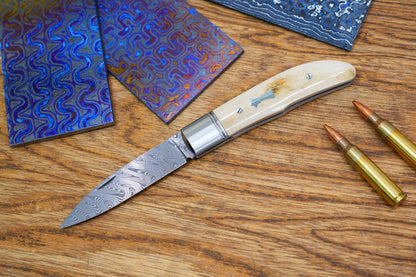 7 Swift Mammoth Tusk Fancy Legal Steel Frame Damascus Steel No Lock Handmade Pocket Knife