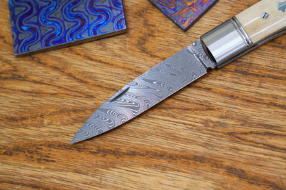 7 Swift Mammoth Tusk Fancy Legal Steel Frame Damascus Steel No Lock Handmade Pocket Knife
