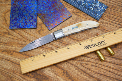 7 Swift Mammoth Tusk Fancy Legal Steel Frame Damascus Steel No Lock Handmade Pocket Knife