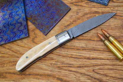 7 Swift Mammoth Tusk Fancy Legal Steel Frame Damascus Steel No Lock Handmade Pocket Knife