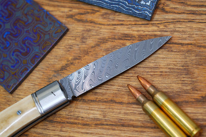 7 Swift Mammoth Tusk Fancy Legal Steel Frame Damascus Steel No Lock Handmade Pocket Knife