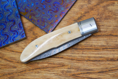 7 Swift Mammoth Tusk Fancy Legal Steel Frame Damascus Steel No Lock Handmade Pocket Knife