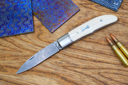 8 Swift Mammoth Tusk Fancy Legal Steel Frame Damascus Steel No Lock Handmade Pocket Knife