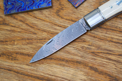 8 Swift Mammoth Tusk Fancy Legal Steel Frame Damascus Steel No Lock Handmade Pocket Knife