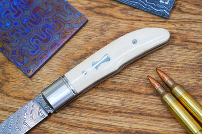 8 Swift Mammoth Tusk Fancy Legal Steel Frame Damascus Steel No Lock Handmade Pocket Knife