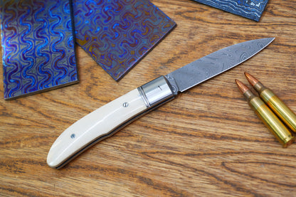 8 Swift Mammoth Tusk Fancy Legal Steel Frame Damascus Steel No Lock Handmade Pocket Knife