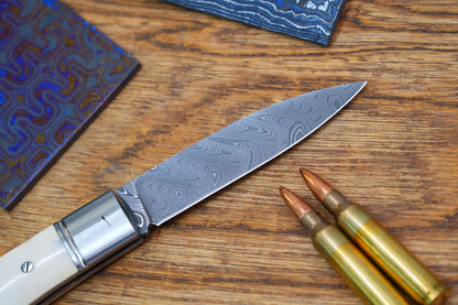 8 Swift Mammoth Tusk Fancy Legal Steel Frame Damascus Steel No Lock Handmade Pocket Knife