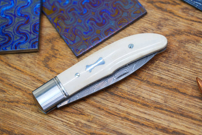 8 Swift Mammoth Tusk Fancy Legal Steel Frame Damascus Steel No Lock Handmade Pocket Knife