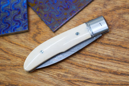 8 Swift Mammoth Tusk Fancy Legal Steel Frame Damascus Steel No Lock Handmade Pocket Knife