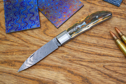 10 Swift Mammoth Tusk Fancy Legal Steel Frame Damascus Steel No Lock Handmade Pocket Knife