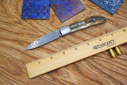 10 Swift Mammoth Tusk Fancy Legal Steel Frame Damascus Steel No Lock Handmade Pocket Knife