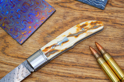 11 Swift Mammoth Tusk Fancy Legal Steel Frame Damascus Steel No Lock Handmade Pocket Knife