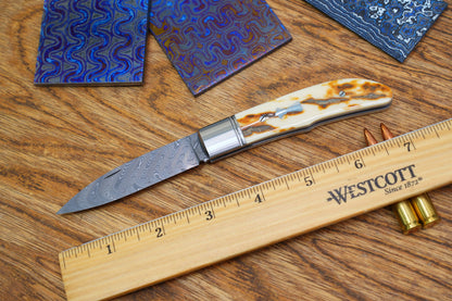 11 Swift Mammoth Tusk Fancy Legal Steel Frame Damascus Steel No Lock Handmade Pocket Knife