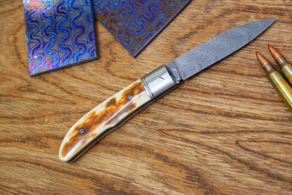 11 Swift Mammoth Tusk Fancy Legal Steel Frame Damascus Steel No Lock Handmade Pocket Knife
