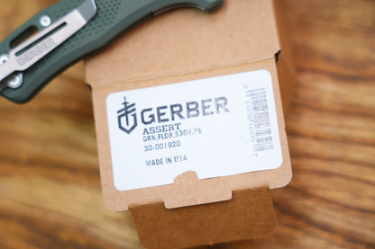 Gerber Assert Pivot Lock Folding Knife 2.98" S30V Bead Blast Clip Point Blade Blade, Textured Green Handles with Blue Accents, AXIS/Crossbar Lock - 30-001920