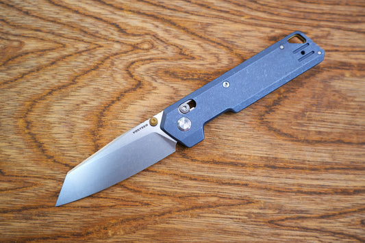 Vosteed Knives Parallel Folding Knife 2.9" S35VN Stonewashed Reverse Tanto Blade, Blue Titanium Handles, AXIS/Crossbar Lock - A3504