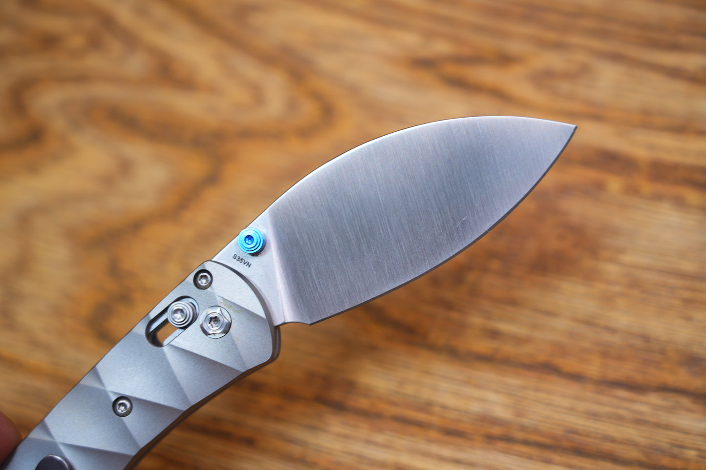 Vosteed Knives Mini Nightshade Folding Knife 2.6" S35VN Satin Kukri Blade, Milled Titanium Handles, Blue Accents, AXIS/Crossbar Lock - A0217