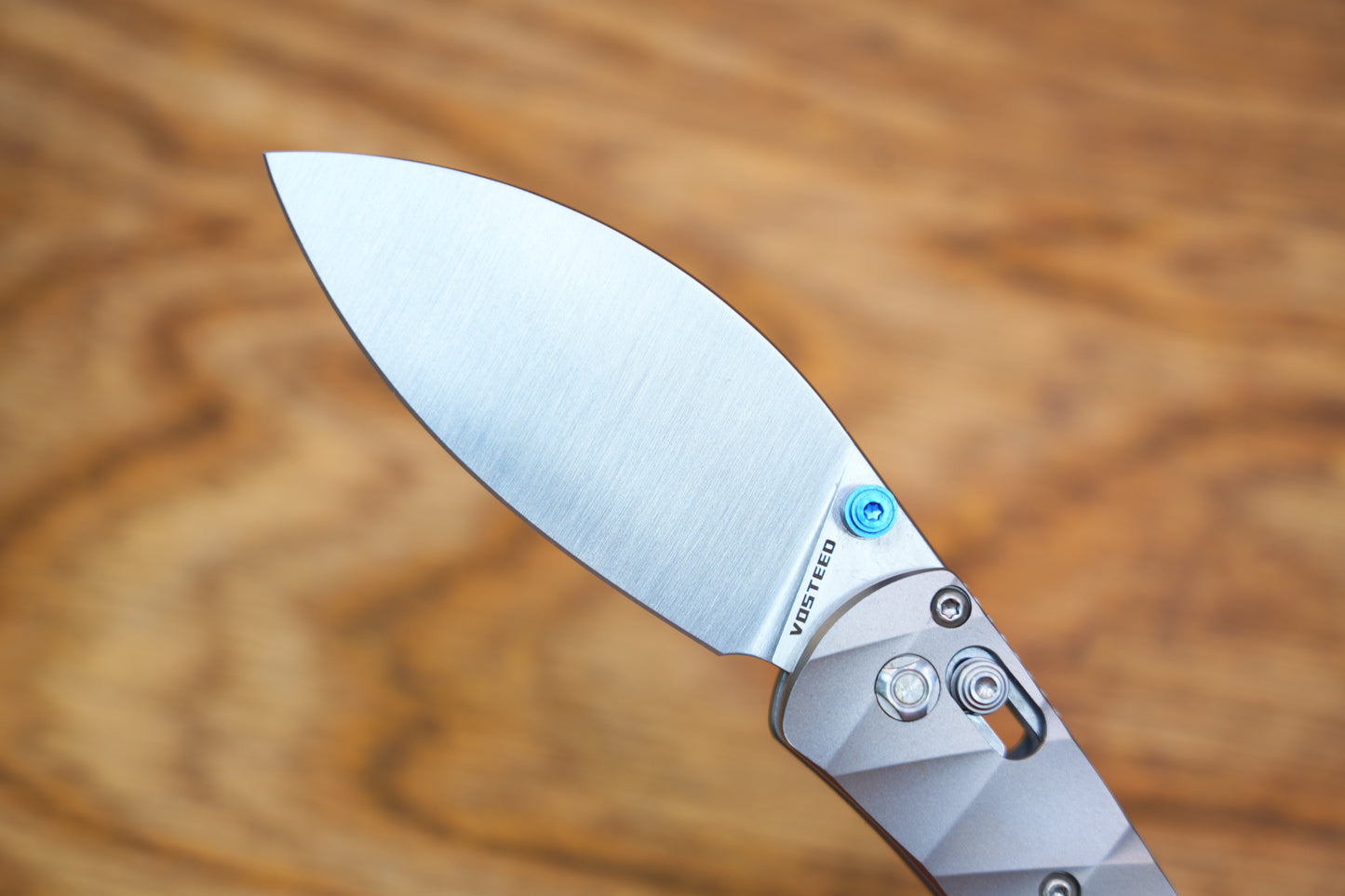 Vosteed Knives Mini Nightshade Folding Knife 2.6" S35VN Satin Kukri Blade, Milled Titanium Handles, Blue Accents, AXIS/Crossbar Lock - A0217