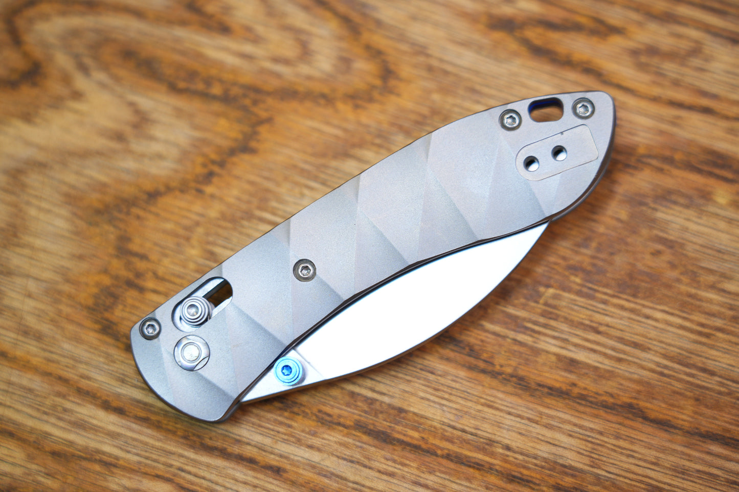 Vosteed Knives Mini Nightshade Folding Knife 2.6" S35VN Satin Kukri Blade, Milled Titanium Handles, Blue Accents, AXIS/Crossbar Lock - A0217