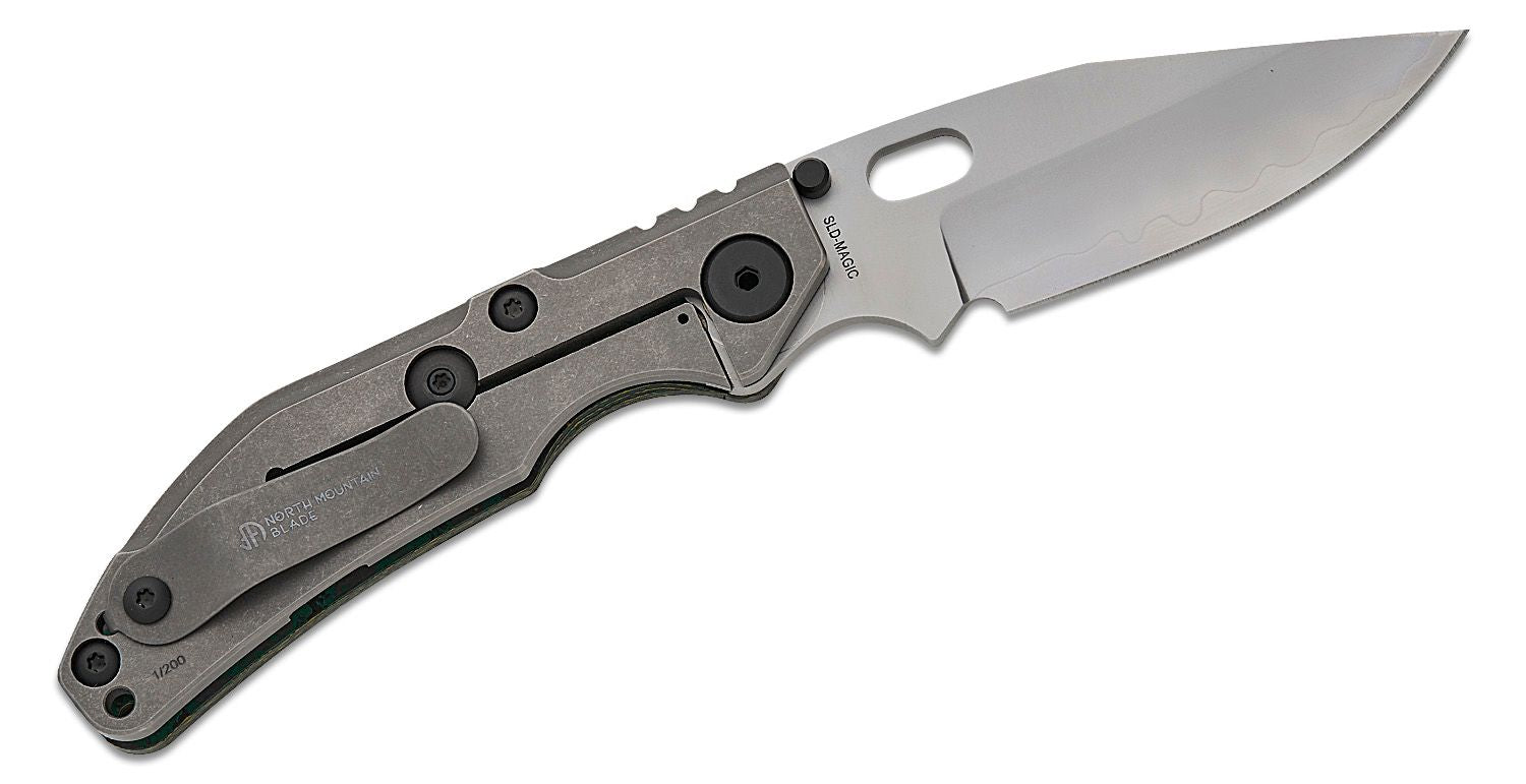 North Mountain Blade Duane Dwyer BBNM Frame Lock Folding Knife 3.62" SLD Satin/Hamon Bowie Blade, Toxic Green Ceramic Carbon Fiber Handle with Titanium Lock - BBNM CF GREEN BOWIE