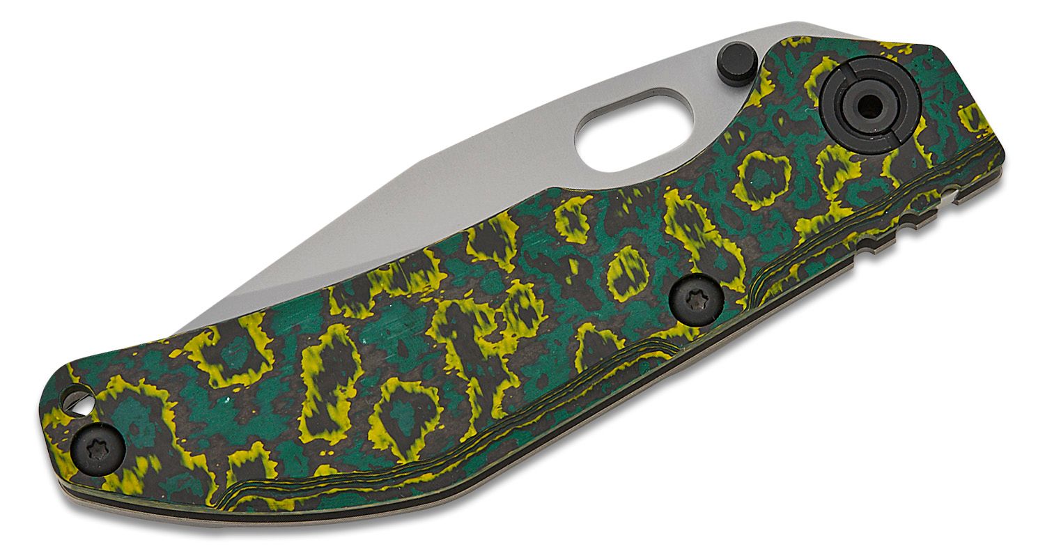 North Mountain Blade Duane Dwyer BBNM Frame Lock Folding Knife 3.62" SLD Satin/Hamon Bowie Blade, Toxic Green Ceramic Carbon Fiber Handle with Titanium Lock - BBNM CF GREEN BOWIE