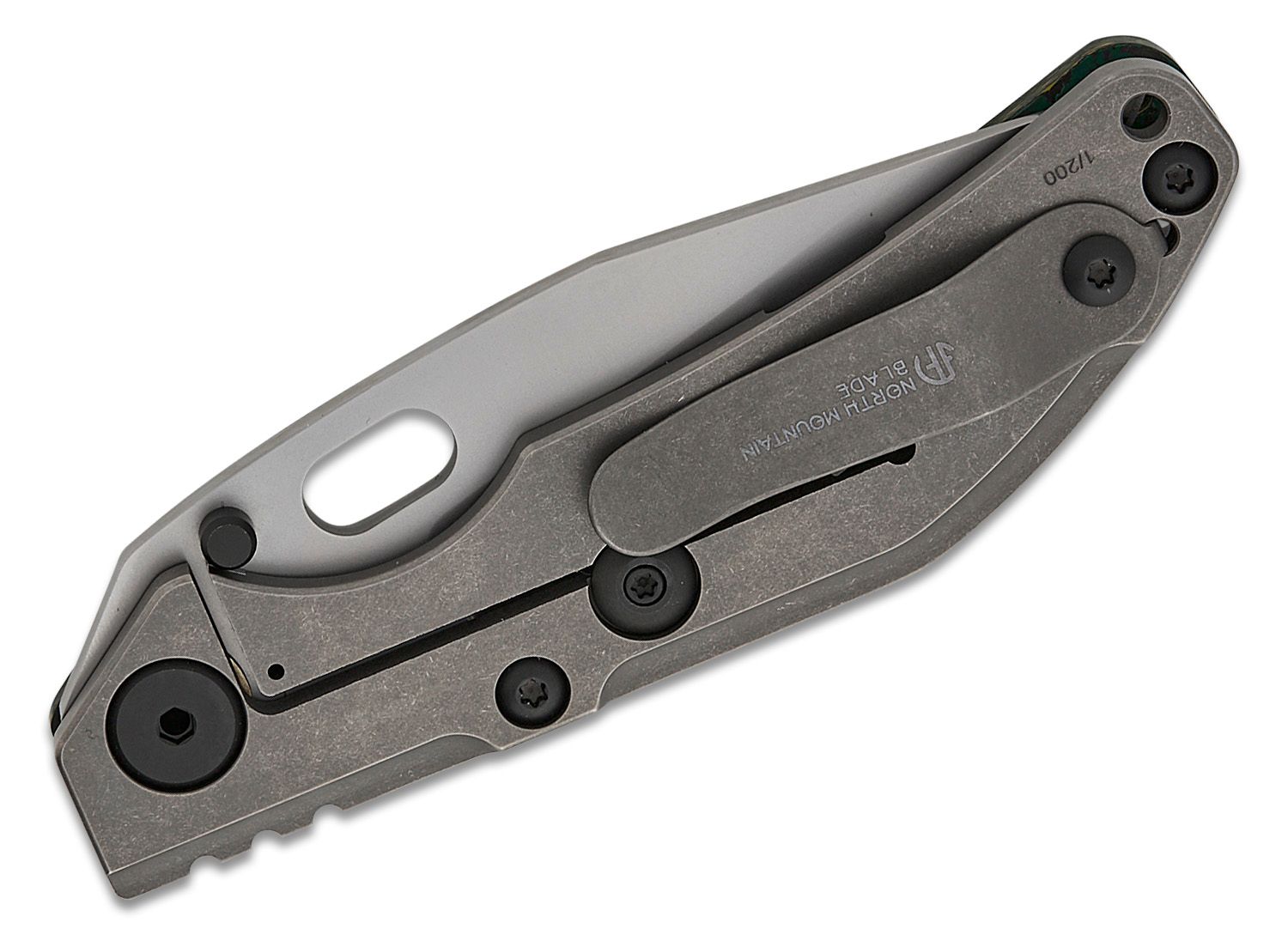 North Mountain Blade Duane Dwyer BBNM Frame Lock Folding Knife 3.62" SLD Satin/Hamon Bowie Blade, Toxic Green Ceramic Carbon Fiber Handle with Titanium Lock - BBNM CF GREEN BOWIE