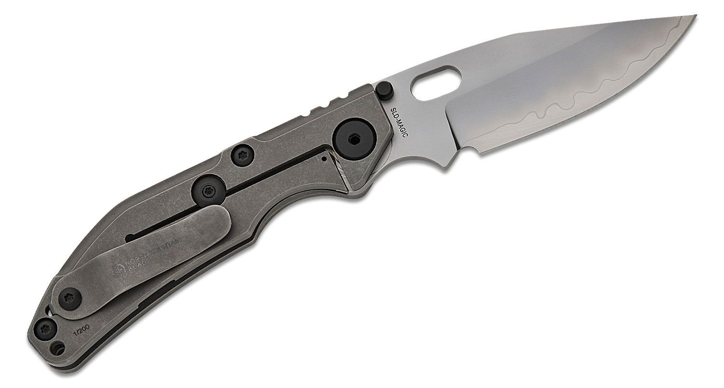 North Mountain Blade Duane Dwyer BBNM Frame Lock Folding Knife 3.62" SLD Satin/Hamon Bowie Blade, Gray Titanium Handles - BBNM TI BOWIE