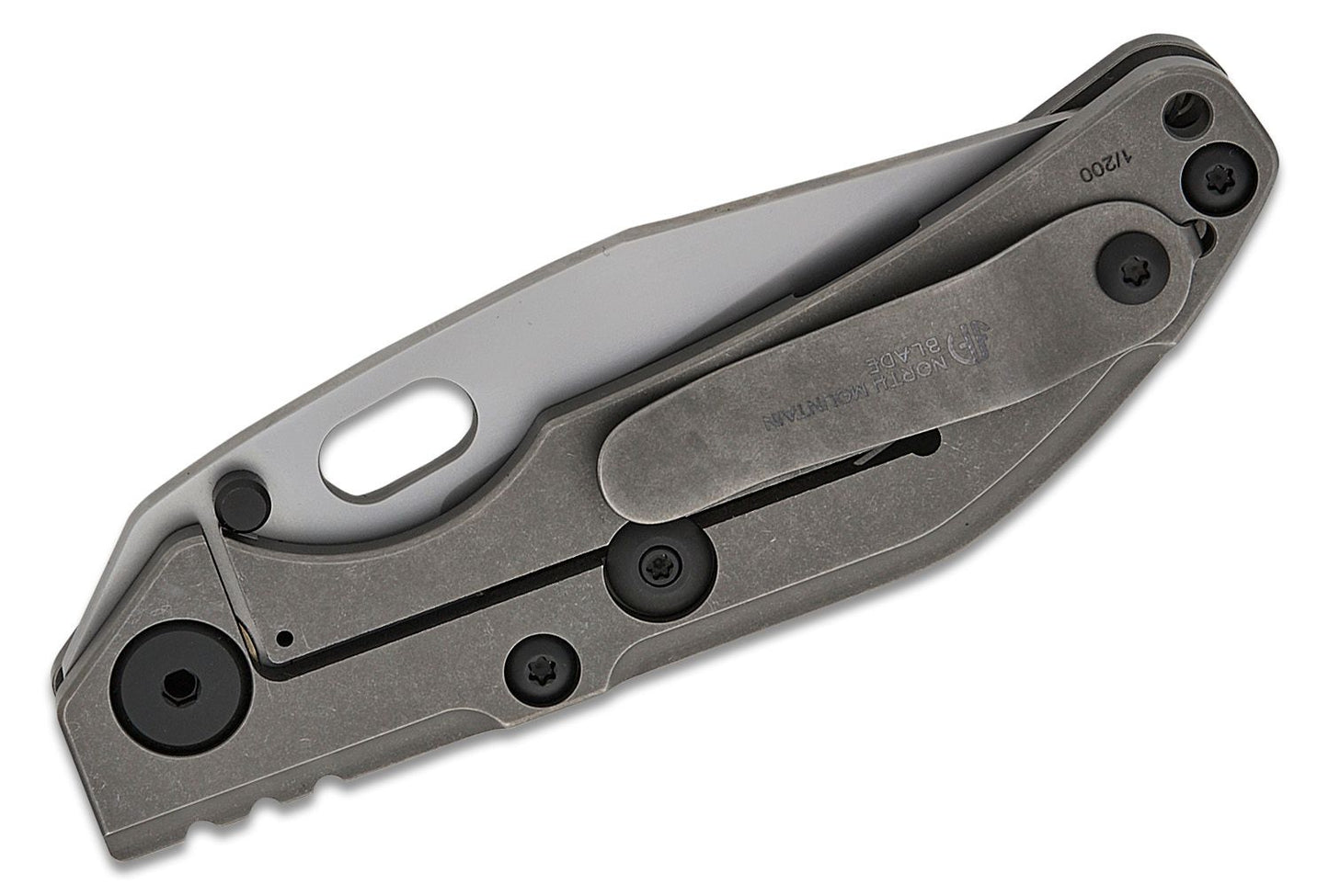 North Mountain Blade Duane Dwyer BBNM Frame Lock Folding Knife 3.62" SLD Satin/Hamon Bowie Blade, Gray Titanium Handles - BBNM TI BOWIE