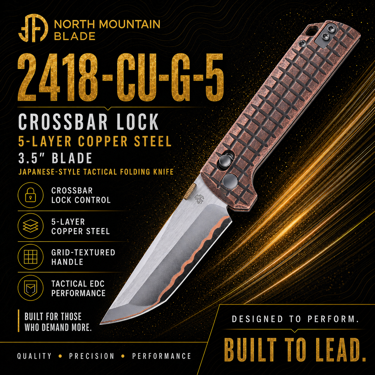 2418-CU-G-5  Crossbar Lock  5-Layer Copper Steel 3.5" Blade Japanese-style tactical folding knife