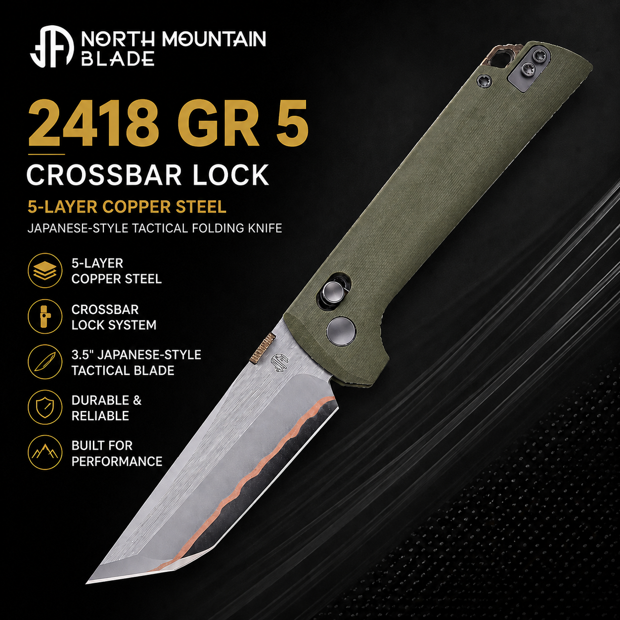 2418-GR-5 Crossbar Lock  5-Layer Copper Steel 3.5" Blade Japanese-style tactical folding knife