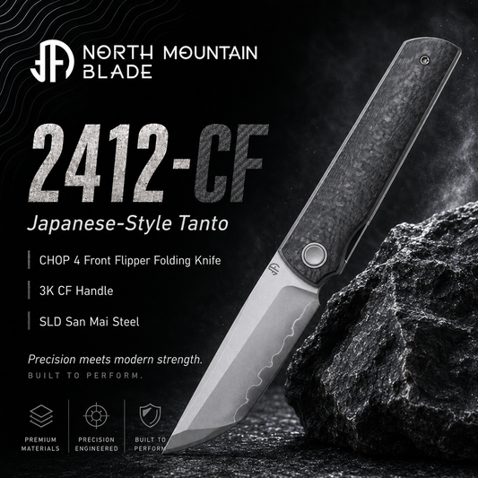 2412-CF CHOP 4 Front Flipper Folding Knife, 3K CF Handle, SLD San Mai Steel, Japanese-Style Tanto