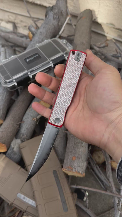 KAIKEN 2502-CFRD Silver Carbon Fiber + Red G10 Classic Japanese style tactical folding knife