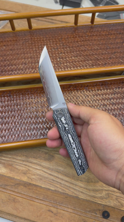 2412-WHCF CHOP 4 Front Flipper Folding Knife, Ceramic Carbon Fiber Handle, SLD San Mai Steel, Japanese-Style